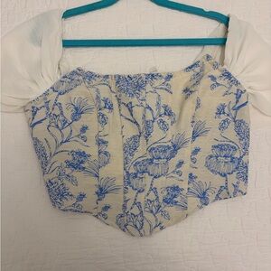 SHEIN Blue Floral Blouse with Cream Accents